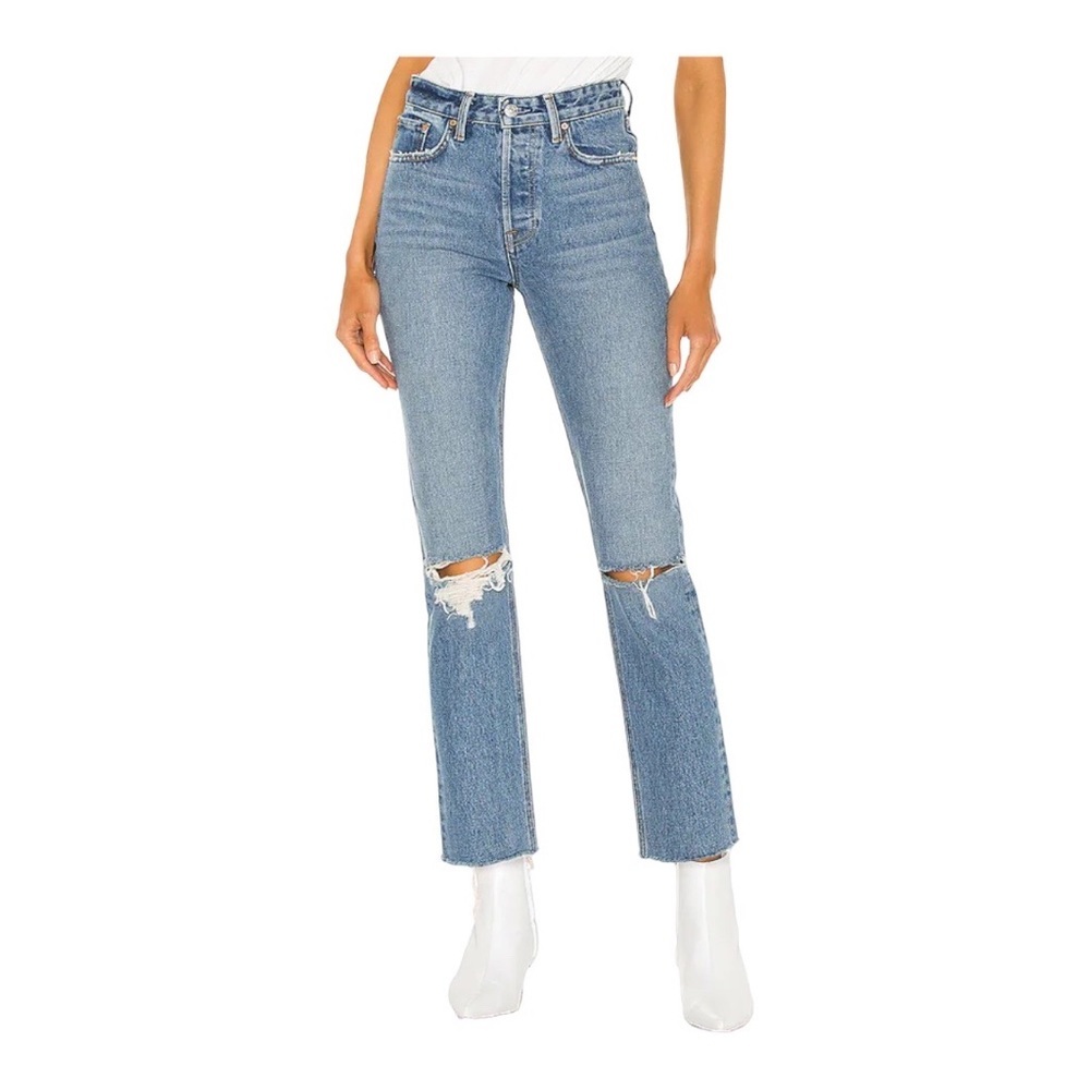 GRLFRND High Rise Distressed Straight Jeans in Light Blue